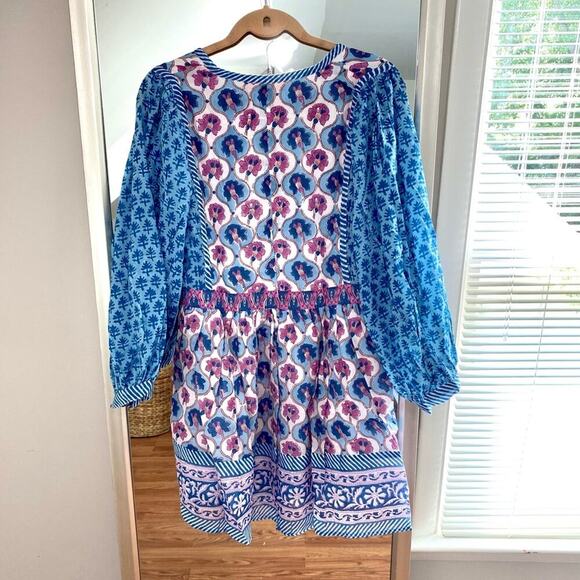 OLIPHANT Tie Front Balloon Sleeve Short Blue Cotton Block Print Dress Tuckernuck - Picture 15 of 16